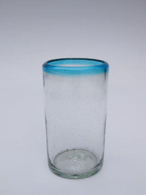 Vasos de Vidrio Soplado / Juego de 6 vasos para jugo con borde azul aqua / Éstos vasos tienen el tamaño exacto para disfrutar jugo fresco de frutas por la mañana.